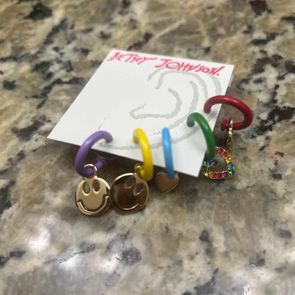 Brand New Sold Out Betsey Johnson Multicolor Smiley Face Huggie Earrings
